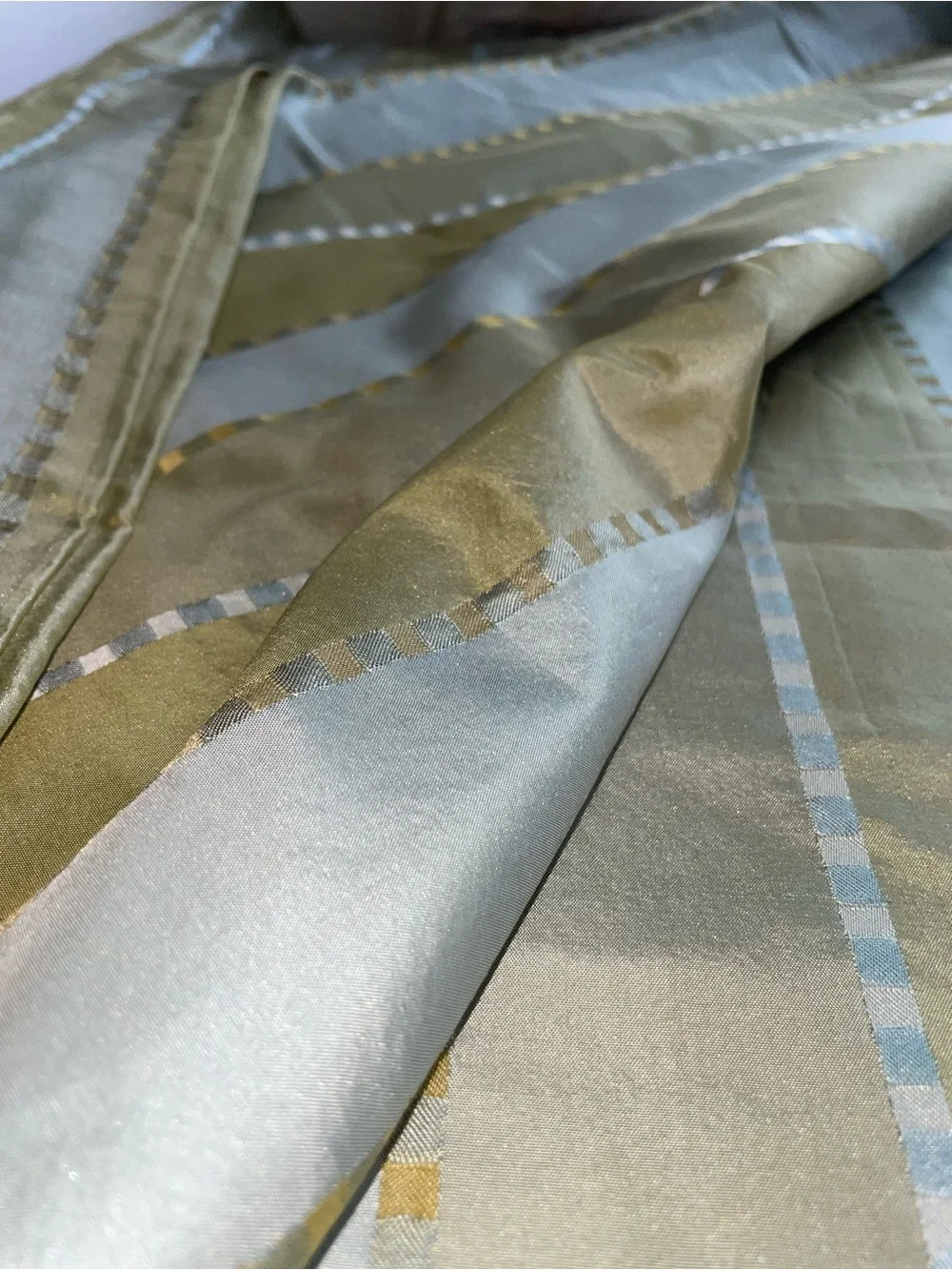 100% Silk Drape Powder Blue, Olive, Chartreuse Stripes 52”x 96”